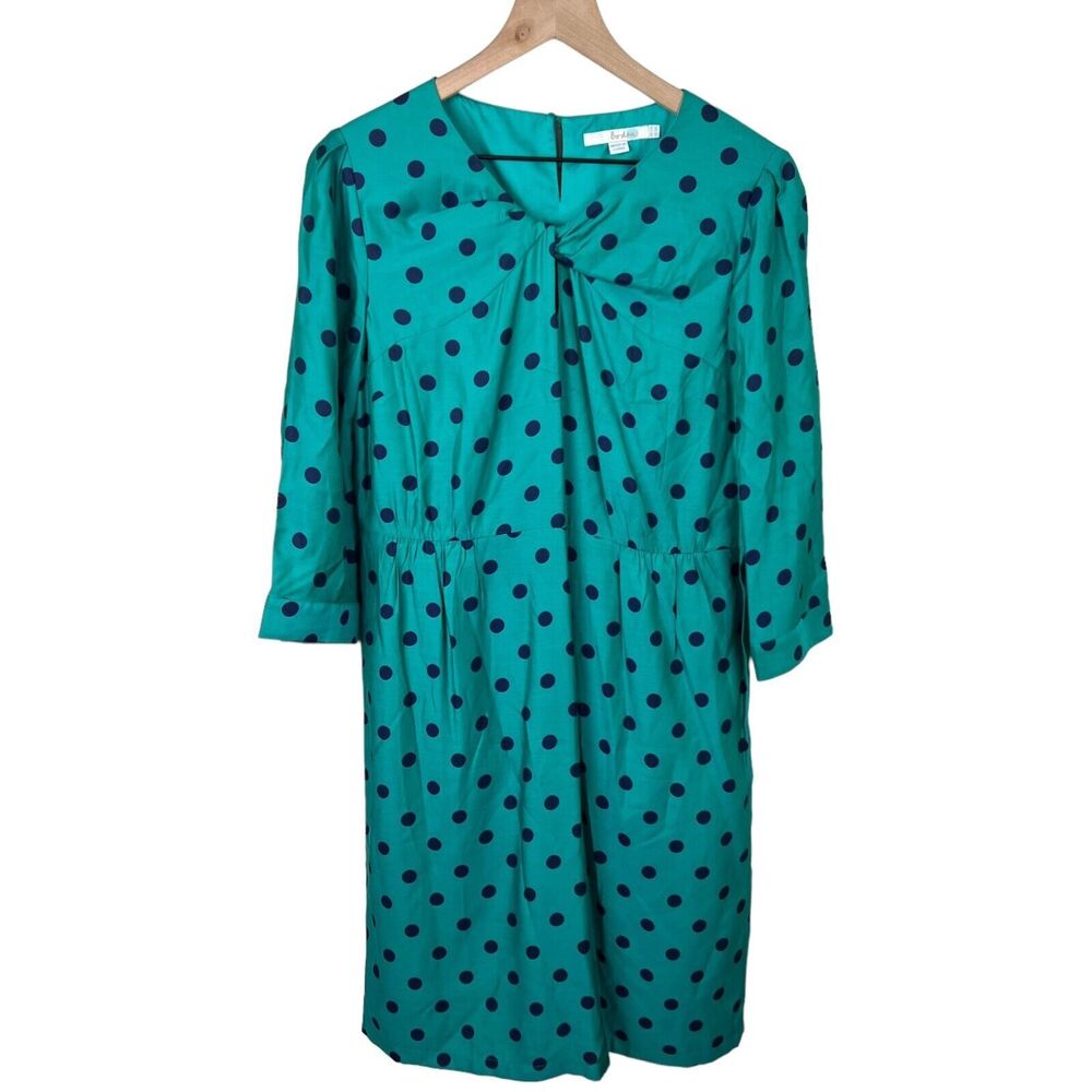 Boden Womens Green Blue Polka Dot Silk Blend 3/4‎ Sleeve Midi Shift Dress 8